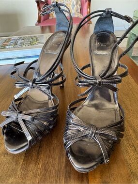 Dior Metallic Pewter Strappy High Heel Sandals